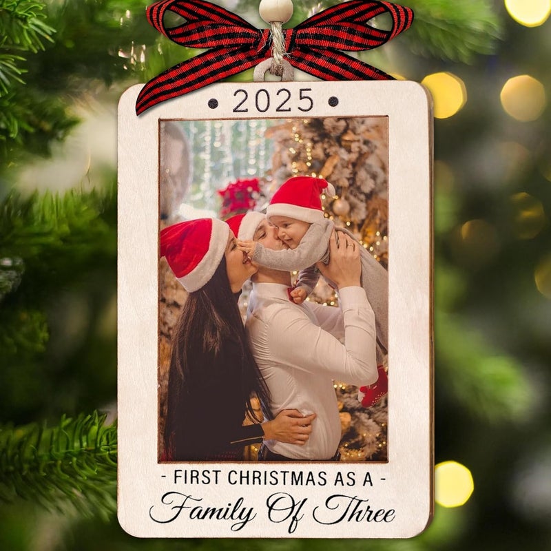 Hangwoous Our First Christmas As A Family Of 3 Christmas Ornament 2025 - Baby's First Christmas Picture Frame Ornament For Boy, Girl - Baby 1st Christmas Ornaments 2025 - Wallet Size Baby Picture Frame - Image 1